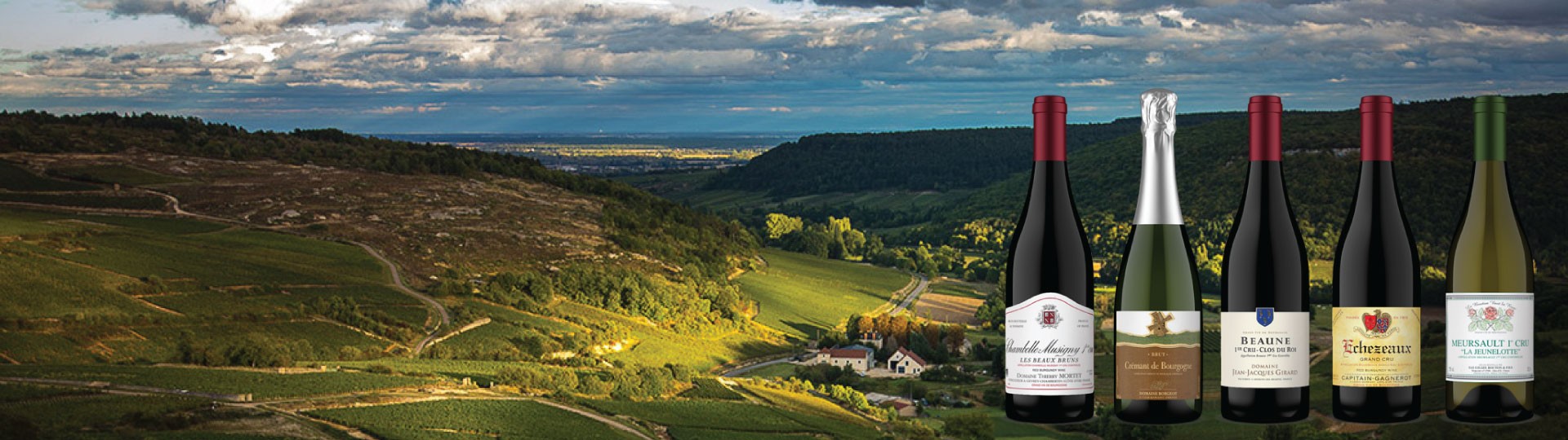 5 Burgundy wines are superimposed over a small winemaking village in Burgundy, France