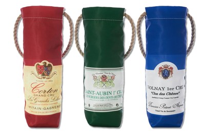 Burgundy wine bags in red, green, and blue