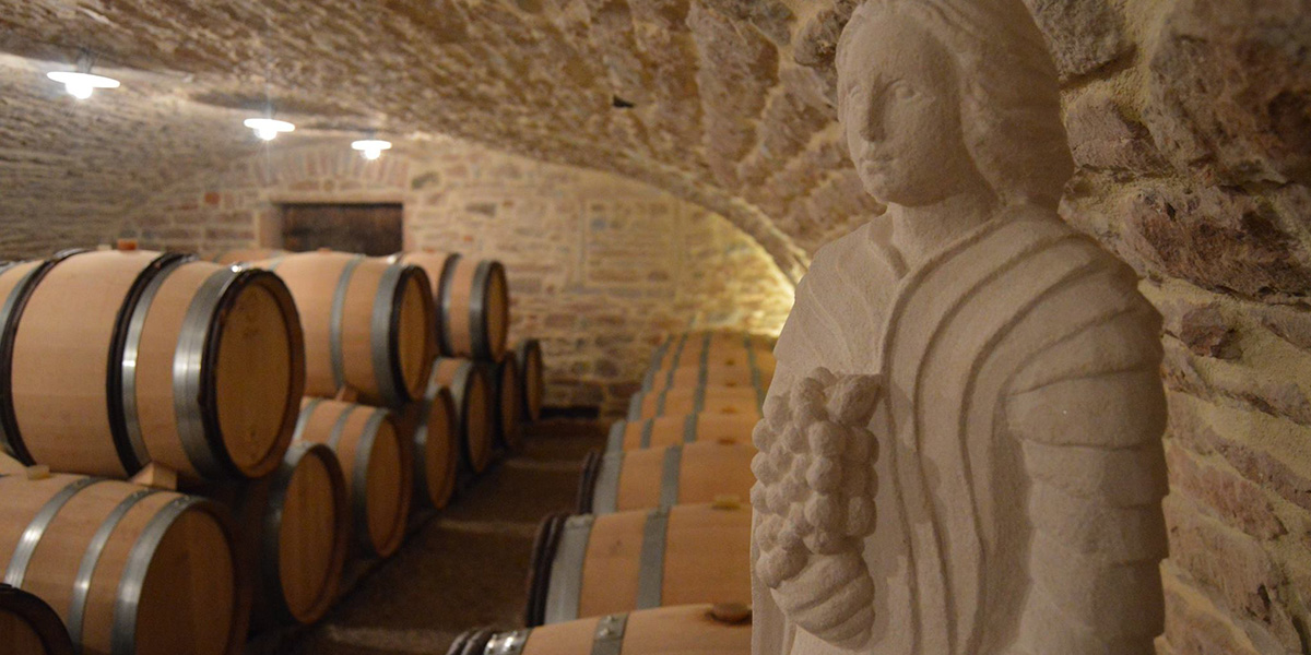 Barrels in a wine cave in Pouilly-Fuissé