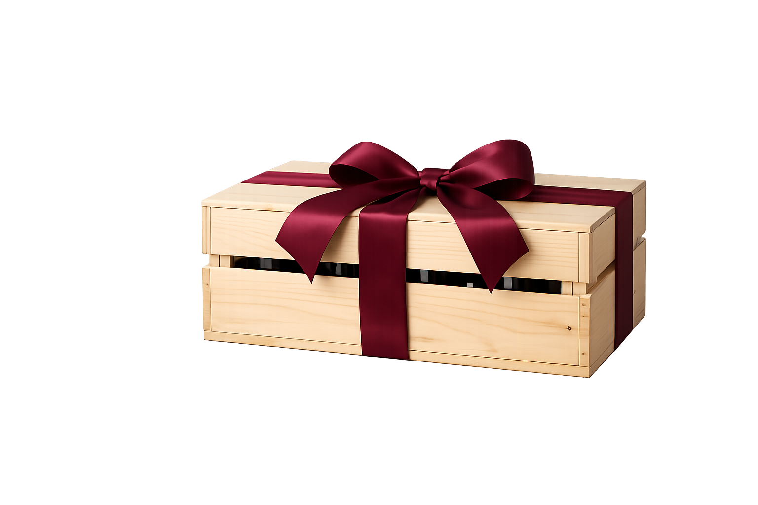 Burgundy wine gift case wrapped with a burgundy ribbon